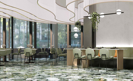 Large format tile applications across commercial spaces, hotels, and business centers