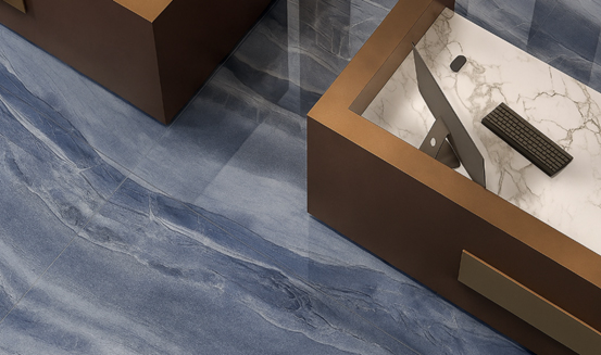 Interior case study showing large-format slab continuity and natural light interaction