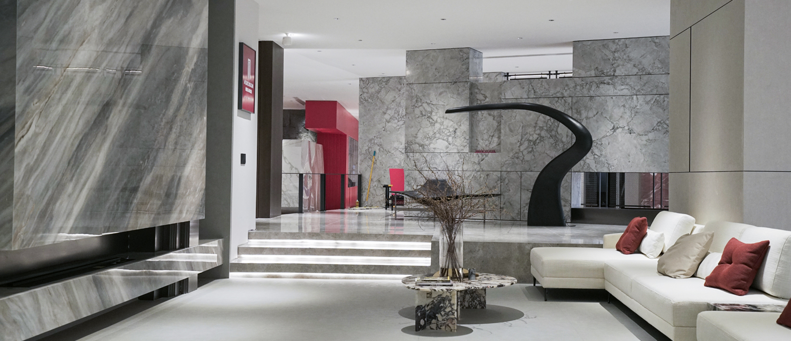 MOREROOM STONE Sintered Stone Slabs in a Luxury Showroom Setting